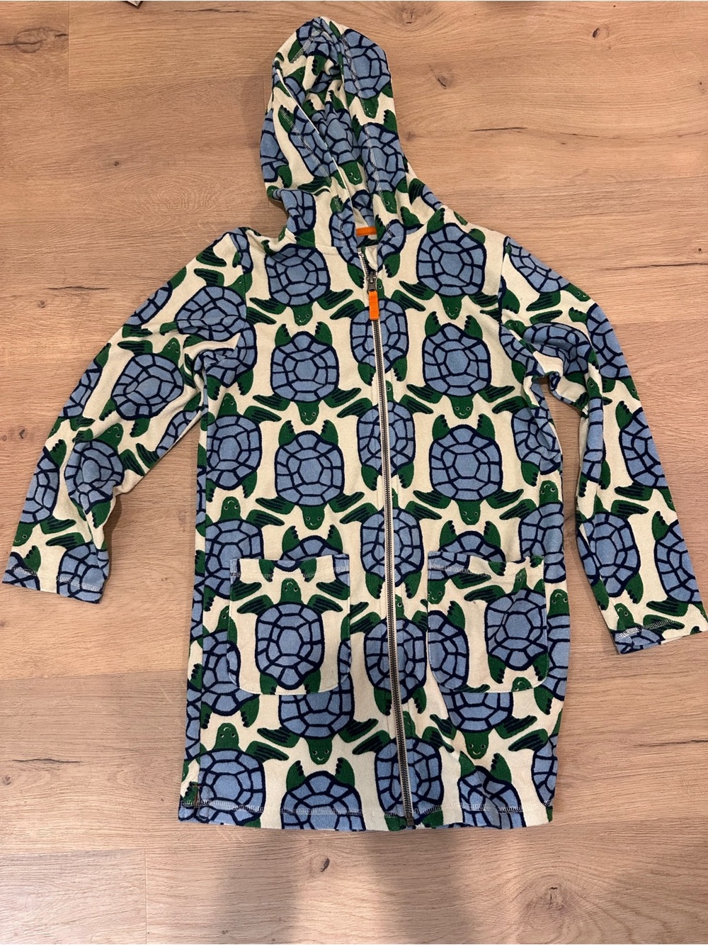 Mini Boden Turtle Zip Hoodie in Blue, Green, Cream with Orange Trim